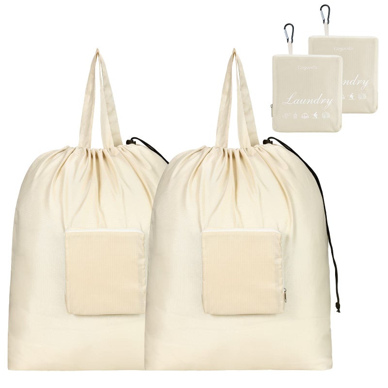 GOGOODA Travel Laundry Bags with Drawstring Closure XL Large Foldable Dirty Clothes bags with Handle Heavy Duty and Washable for College Dorm Travelling Camping, 2 Pack, Beige - Image 1